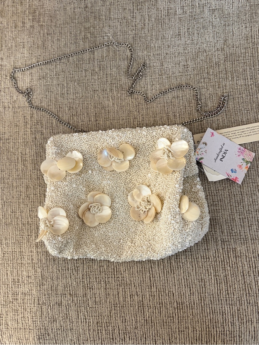 Beaded Floral Shell Crossbody Bag in Ivory